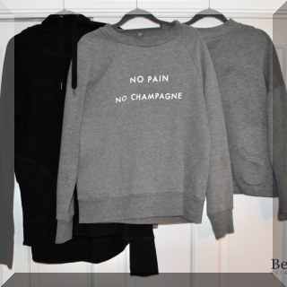 H15. 3 Sweaty Betty sweatshirts. 'No Pain No Champagne' is XS. Gray S.. - $24 Black hoodie is M. - $28